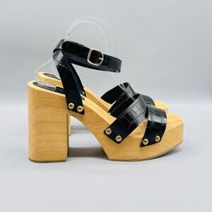 Free People Sandals Womens 10 Black Wood Platform Ankle Strap Block Heel